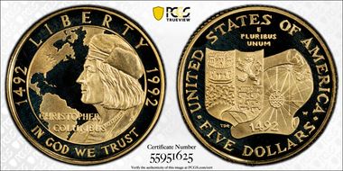 1992-W $5 Christopher Columbus PR69DCAM