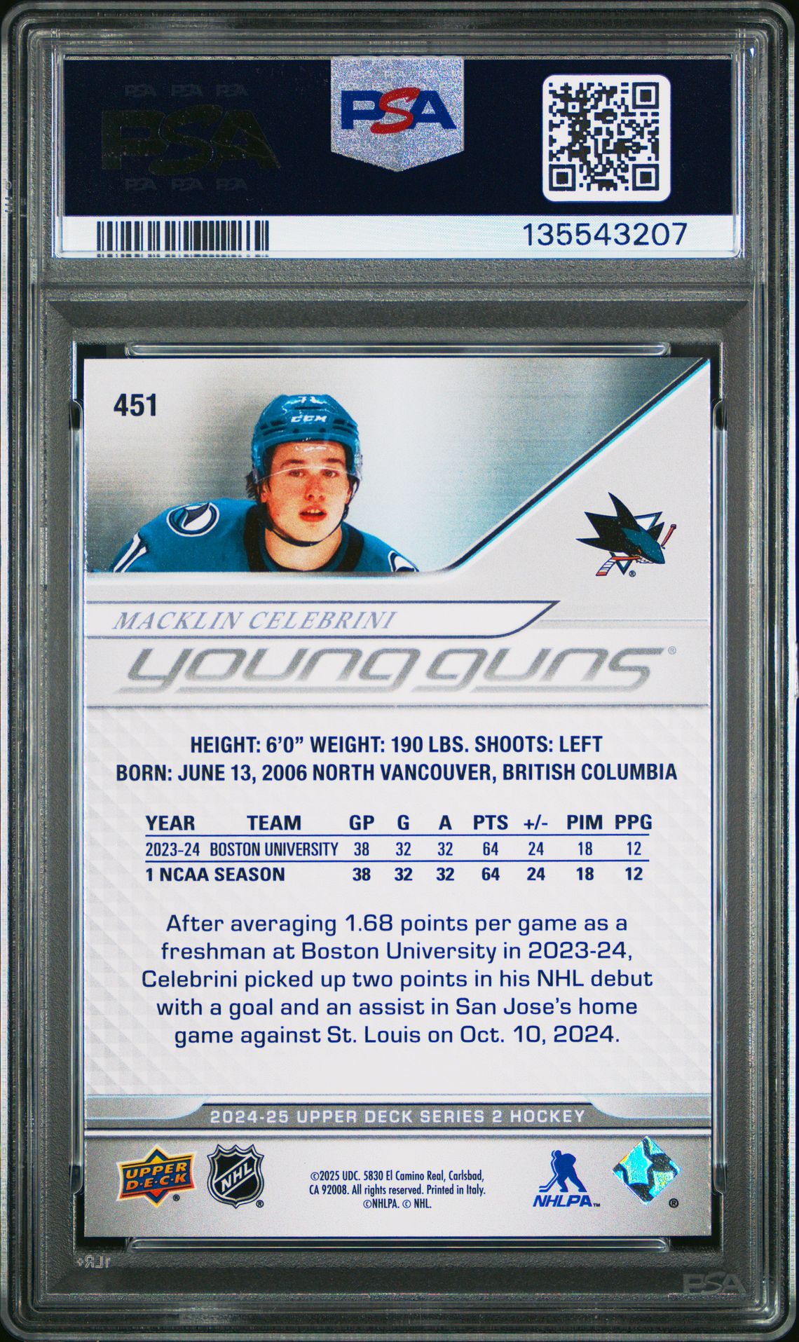 2024 Upper Deck Macklin Celebrini #451 Mint 9 back