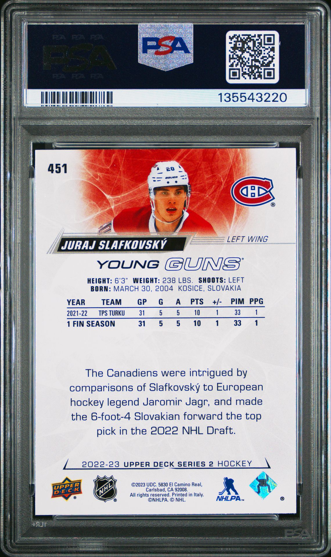 2022 Upper Deck Juraj Slafkovsky #451 Mint 9 back