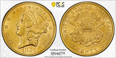 1854 $20 Large Date AU55