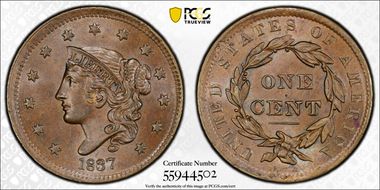 1837 1C Beaded Cords MS65BN