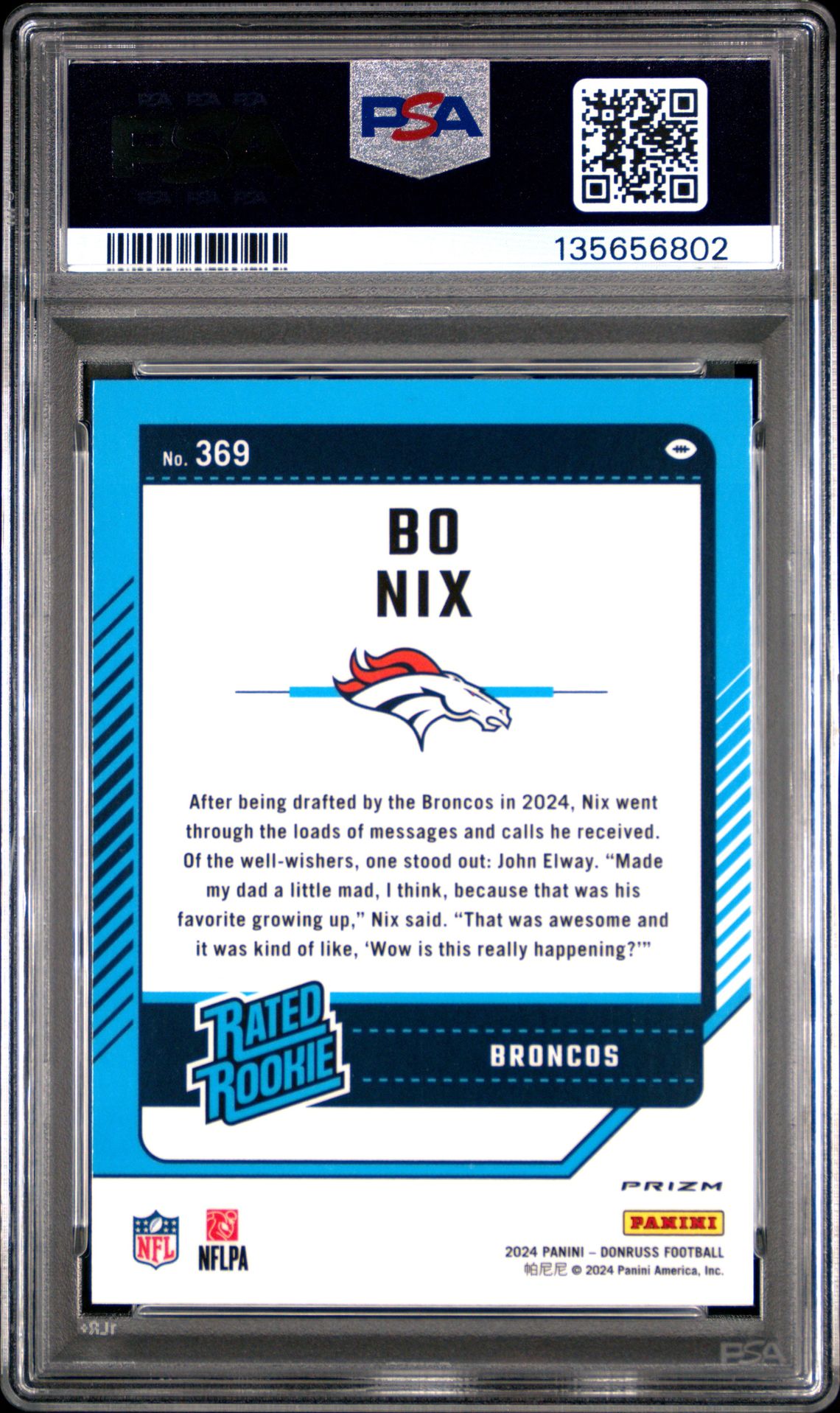 2024 Panini Donruss Bo Nix #369 (Optic Preview-Pink) Gem Mt 10 back view - PSA certificate #135656802