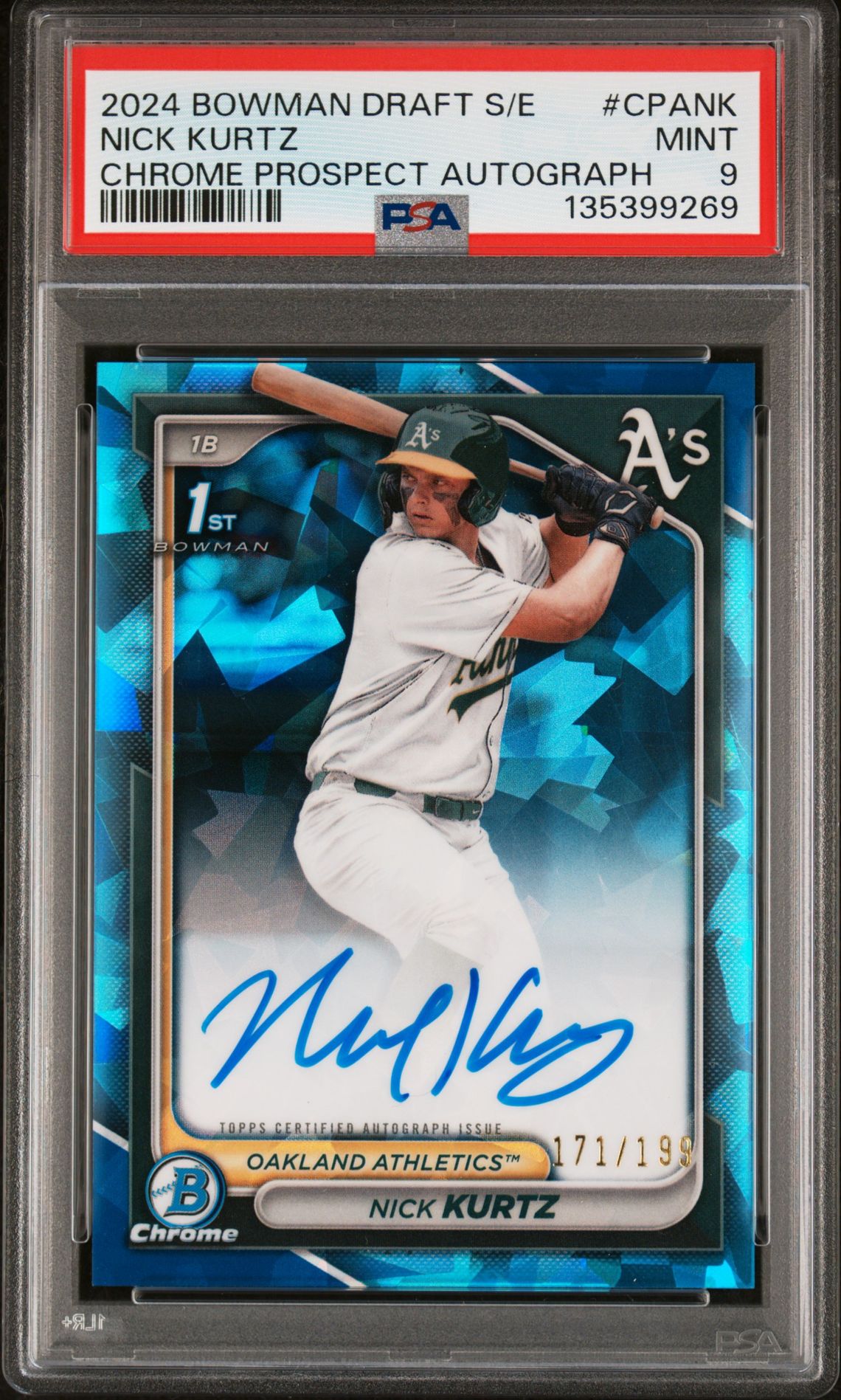 2024 Bowman Draft Sapphire Edition Chrome Sapphire Prospect Autographs Nick Kurtz #Cpank Mint 9 front
