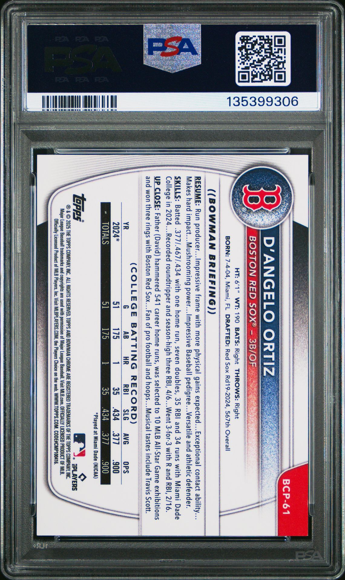 2025 Bowman Chrome Prospects D'angelo Ortiz #Bcp61 (Chrome Pros-Green Reptilian) Gem Mt 10 back