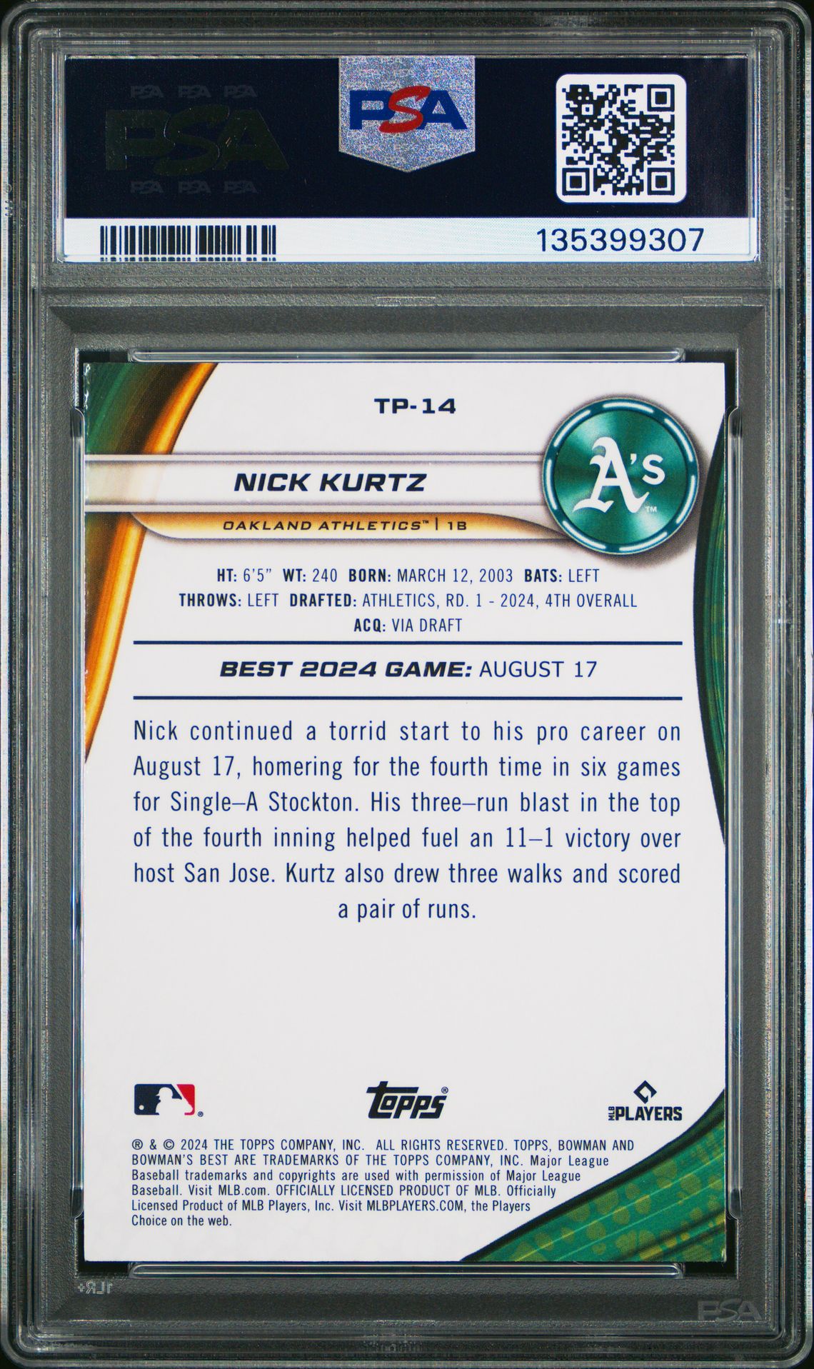 2024 Bowman's Best Top Prospects Nick Kurtz #Tp14 (Top Pros-Green Mini Diamond) Mint 9 back