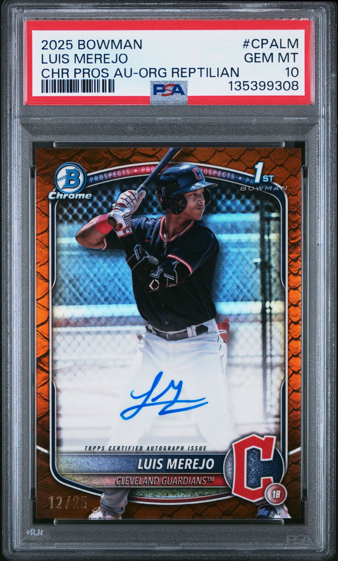 2025 Bowman Chrome Prospect Autographs Luis Merejo #Cpalm (Chr Pros Au-Org Reptilian) Gem Mt 10 front