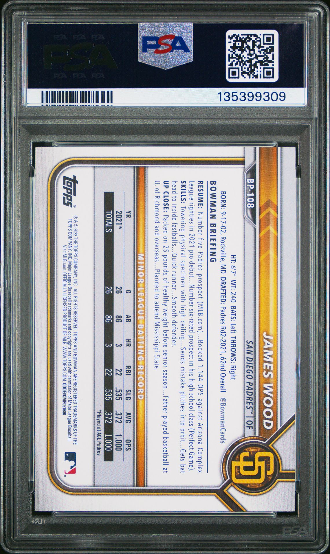 2022 Bowman Paper Prospects James Wood #Bp108 (Paper Prospects-Yellow) Mint 9 back