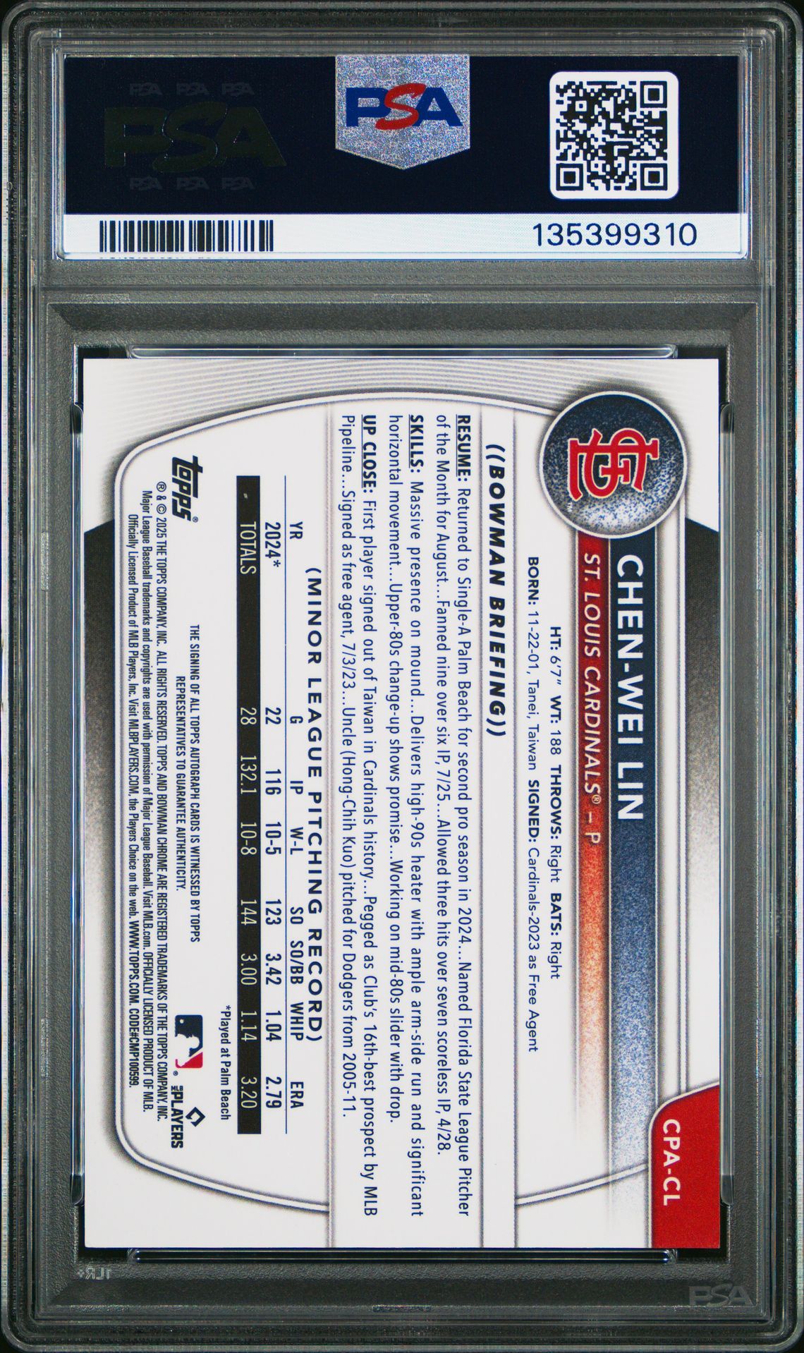 2025 Bowman Chrome Prospect Autographs Chen-Wei Lin #Cpacl (Chrome Pros Au-Green Grass) Gem Mt 10 back