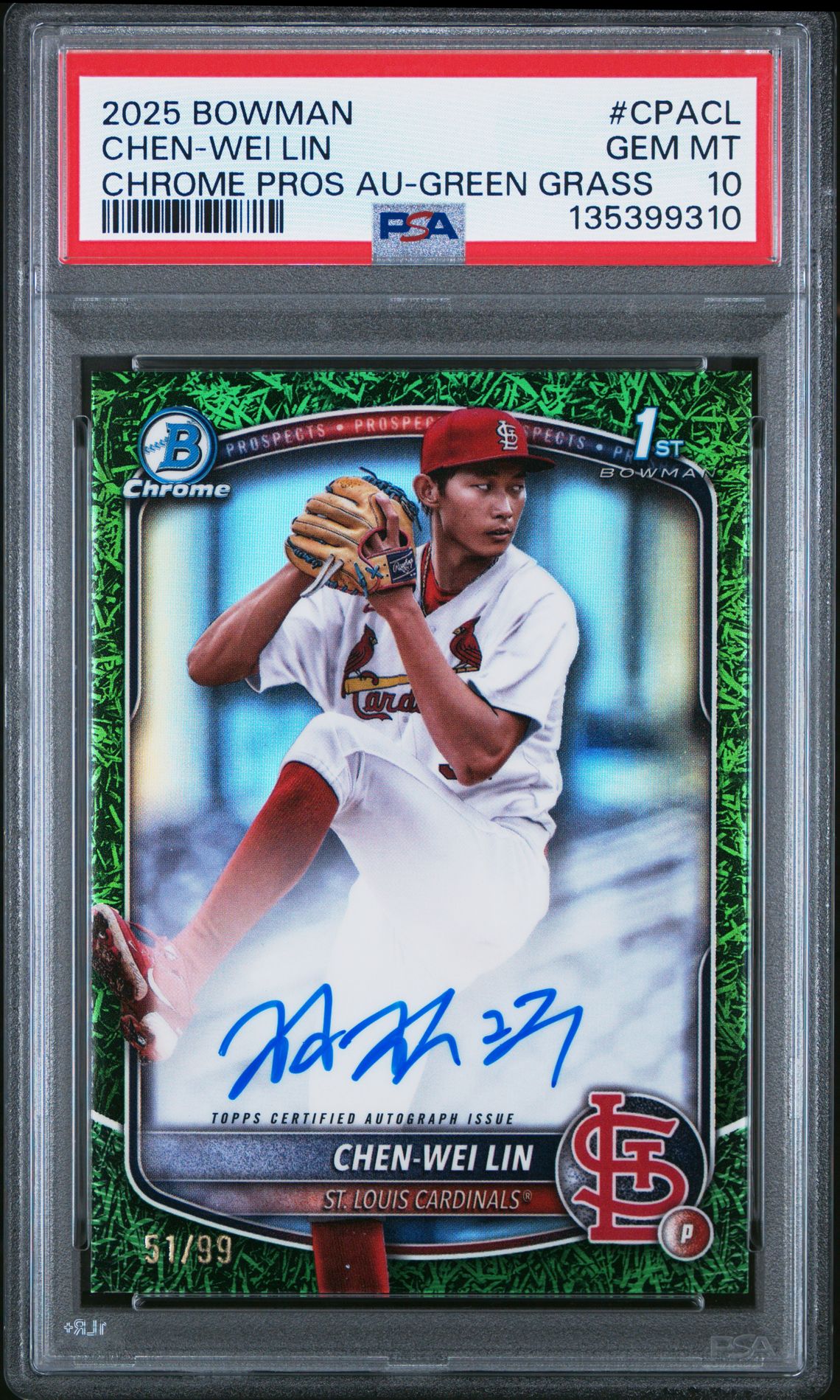 2025 Bowman Chrome Prospect Autographs Chen-Wei Lin #Cpacl (Chrome Pros Au-Green Grass) Gem Mt 10 front