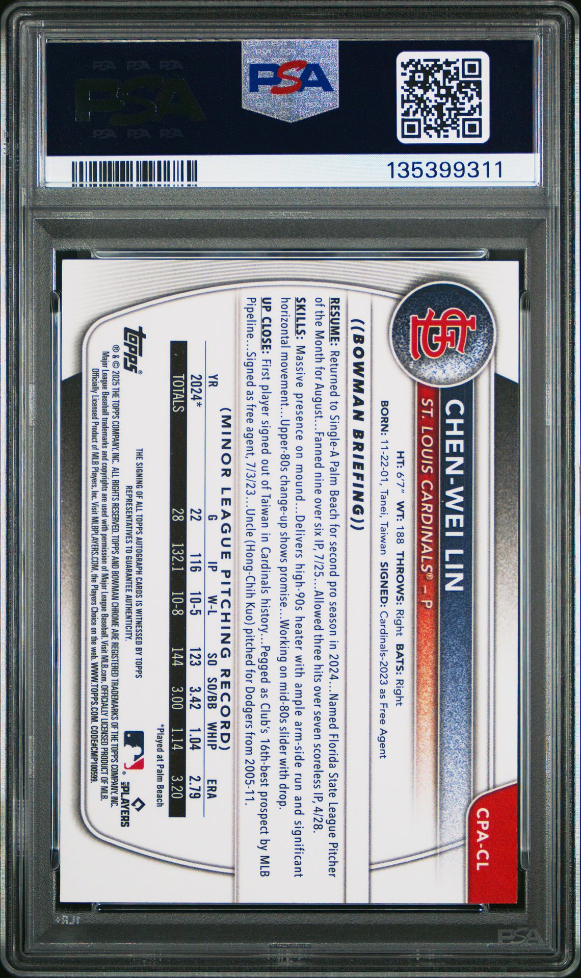 2025 Bowman Chrome Prospect Autographs Chen-Wei Lin #Cpacl (Chrome Pros Au-Green Shim) Mint 9 back