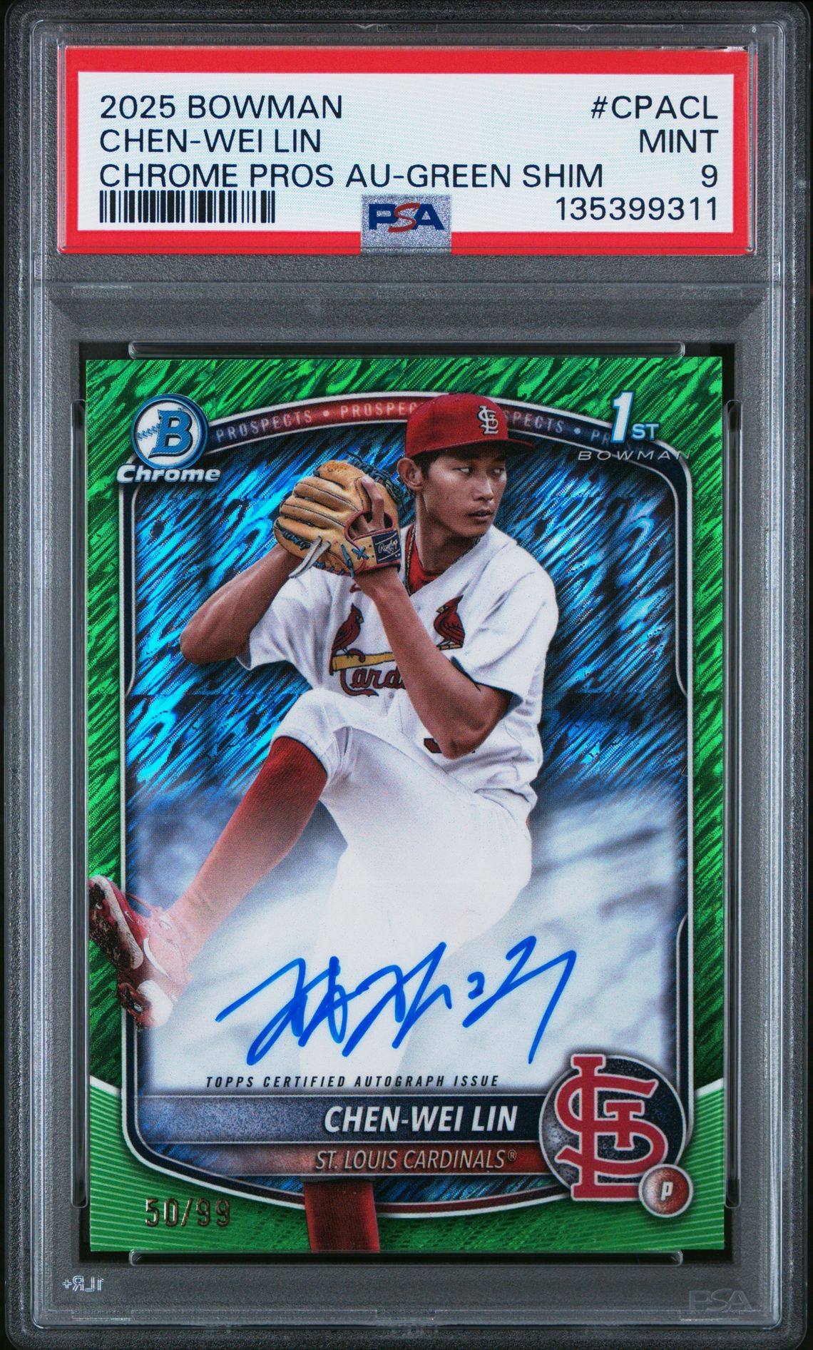 2025 Bowman Chrome Prospect Autographs Chen-Wei Lin #Cpacl (Chrome Pros Au-Green Shim) Mint 9 front