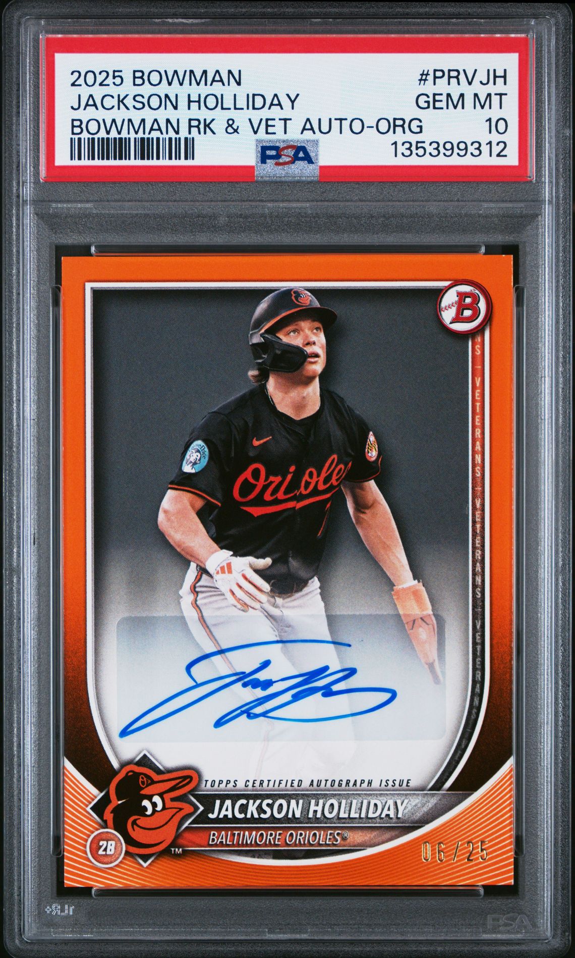 2025 Bowman Bowman Rookies And Veterans Autographs Jackson Holliday #Prvjh (Bowman Rk & Vet Auto-Org) Gem Mt 10 front