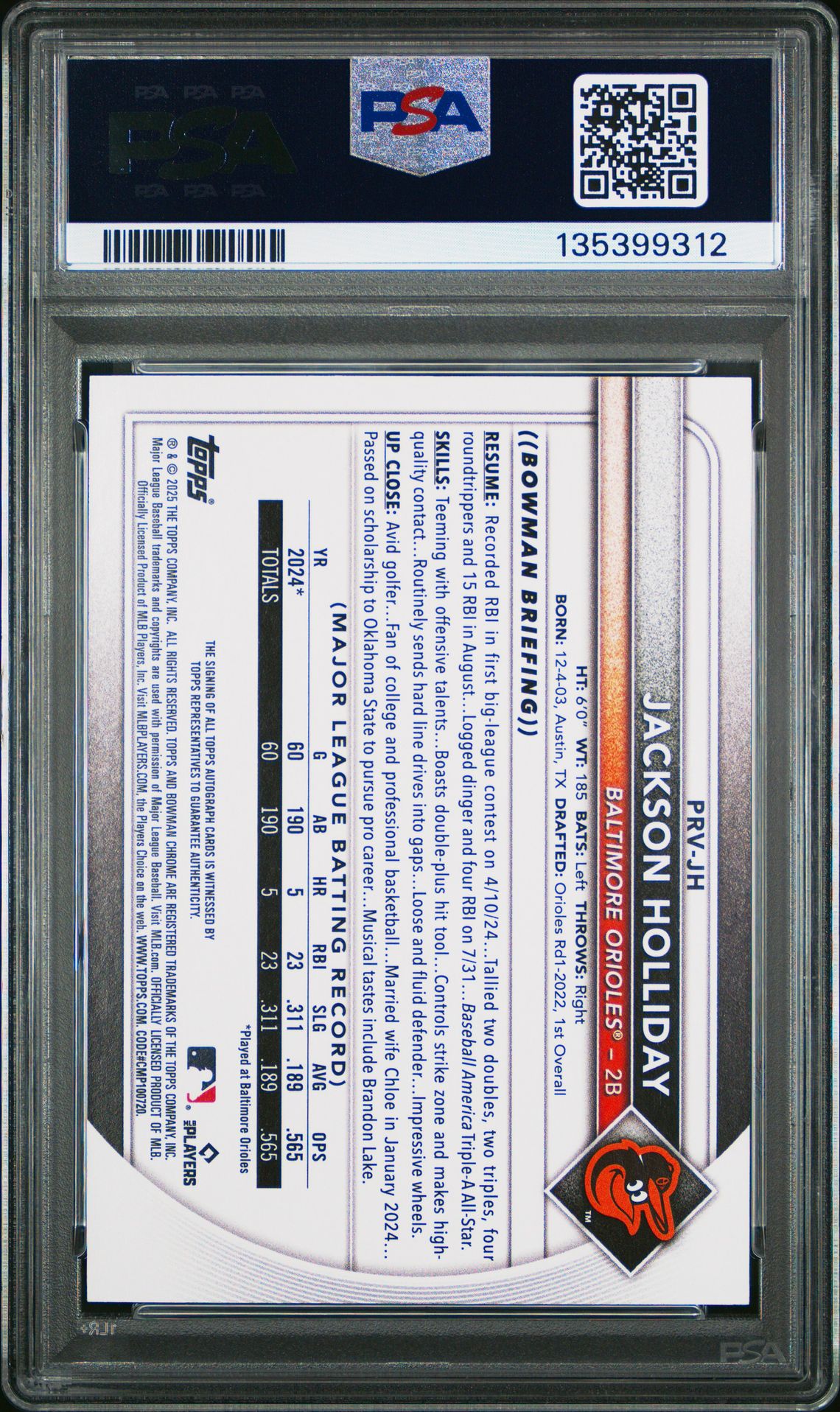 2025 Bowman Bowman Rookies And Veterans Autographs Jackson Holliday #Prvjh (Bowman Rk & Vet Auto-Org) Gem Mt 10 back