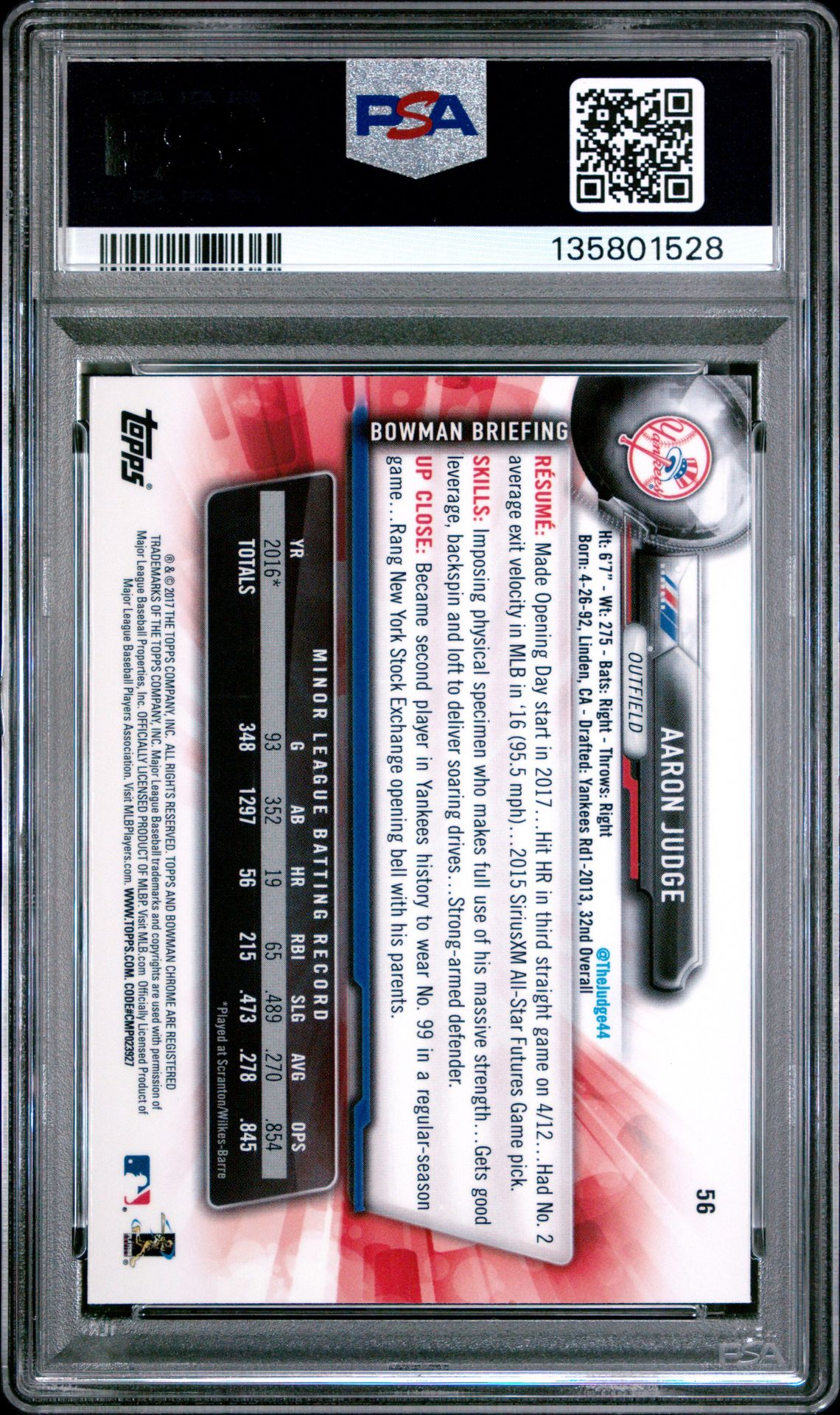 2017 Bowman Chrome Aaron Judge #56 Gem Mt 10 back view - PSA certificate #135801528