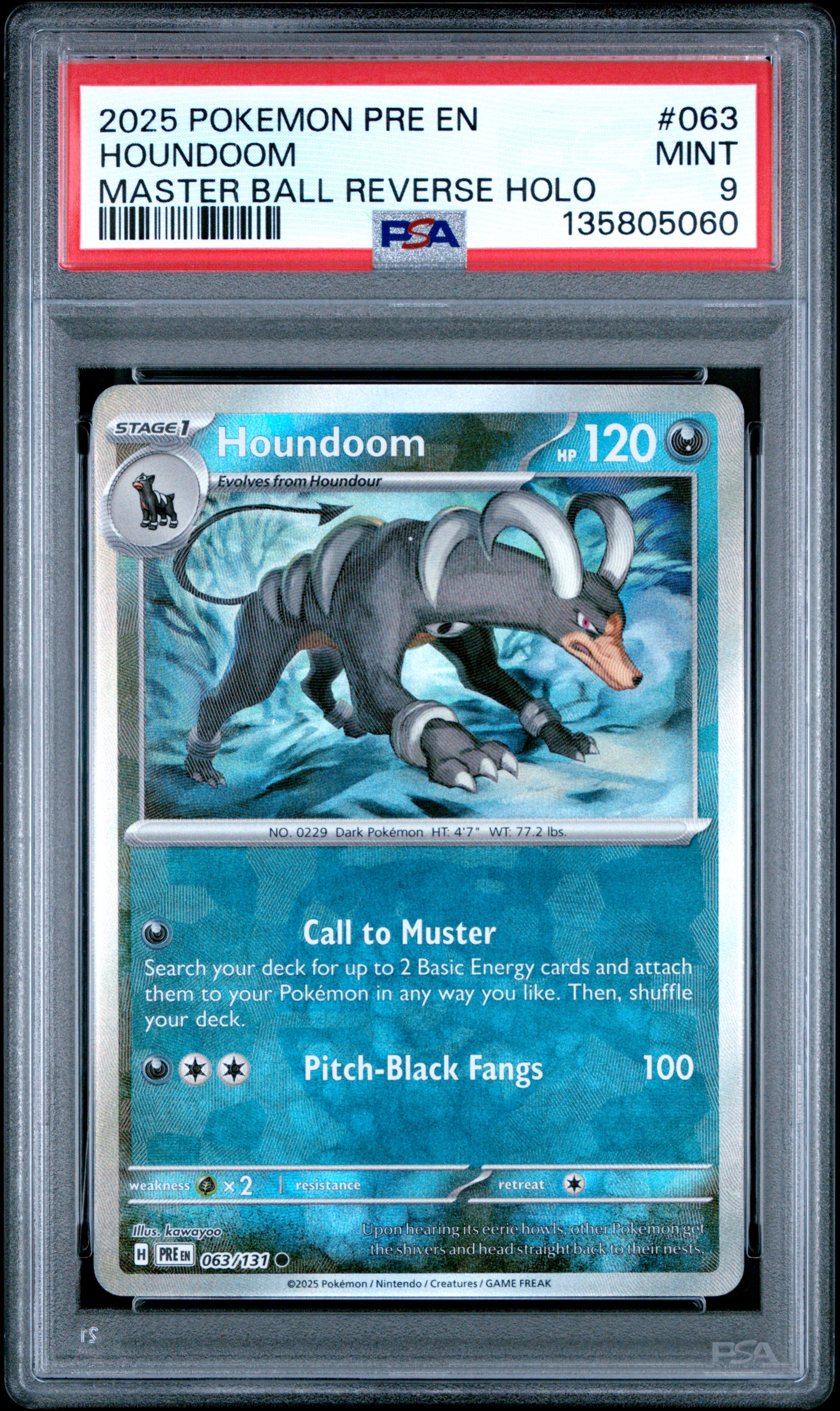 2025 #063 Houndoom Master Ball Reverse Holo PSA 9 Pre EN-Prismatic Evolutions