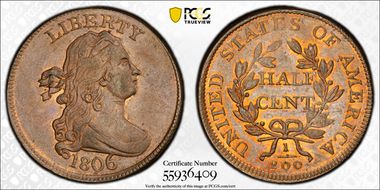 1806 1/2C Large 6, Stems MS63BN