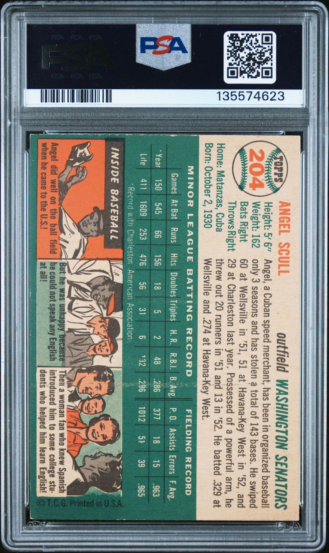 1954 Topps Angel Scull #204 Ex 5 back