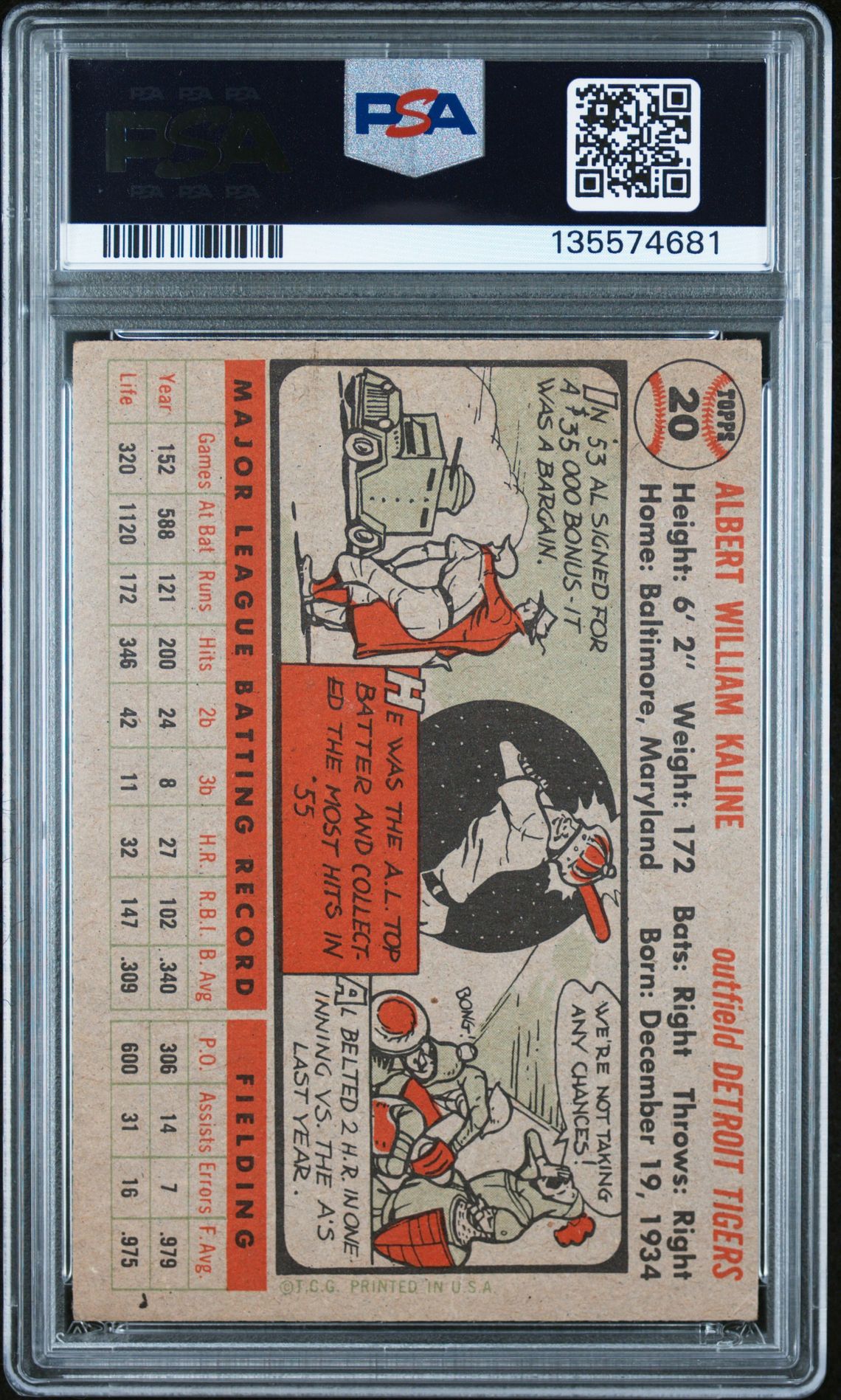 1956 Topps Al Kaline #20 (Gray Back) Vg-Ex 4 back