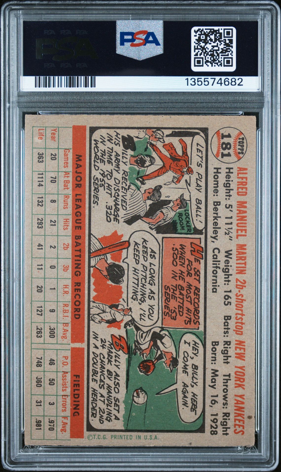 1956 Topps Billy Martin #181 Vg-Ex 4 back