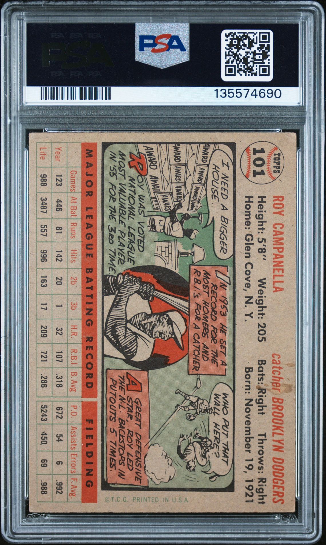 1956 Topps Roy Campanella #101 (Gray Back) Vg 3 back