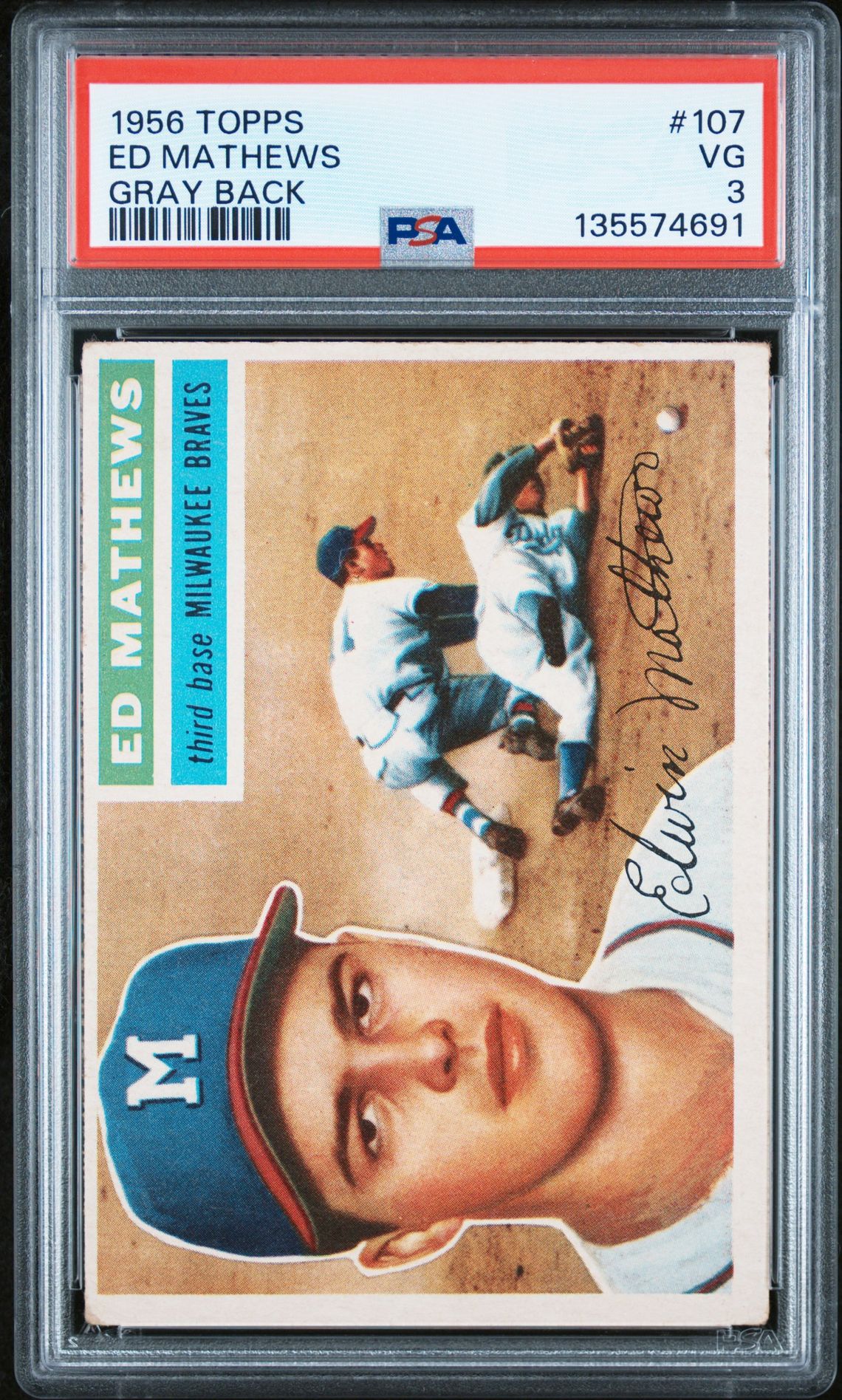 1956 Topps Ed Mathews #107 (Gray Back) Vg 3 front