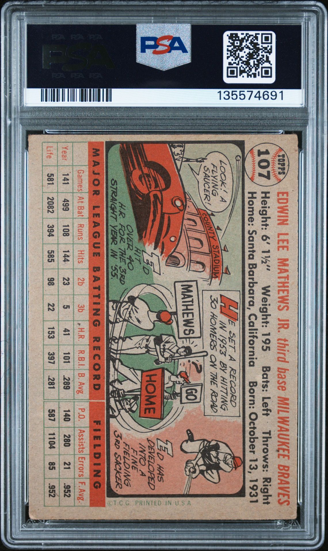 1956 Topps Ed Mathews #107 (Gray Back) Vg 3 back
