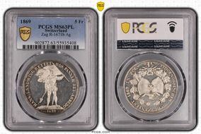1869 5 Fr Zug R-1671b Ag MS63PL