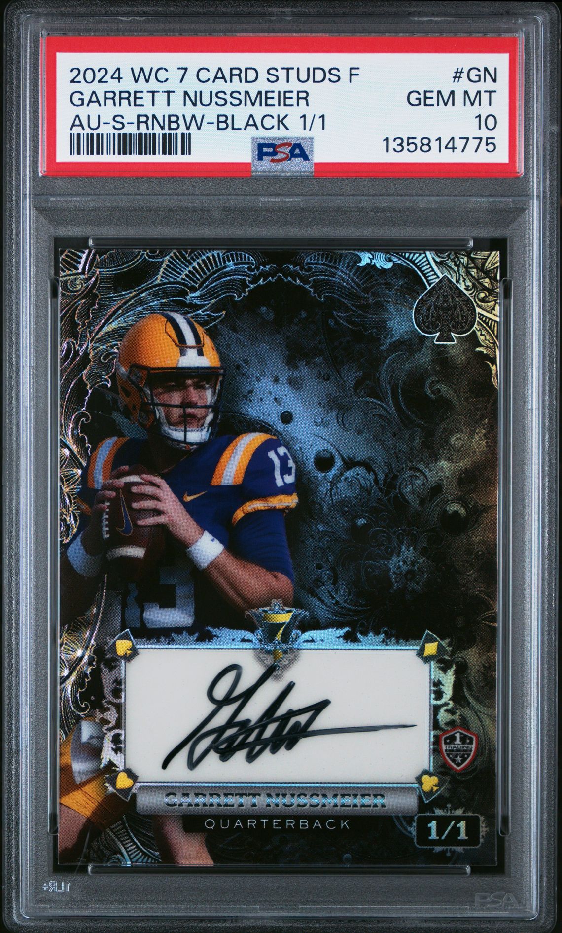 2024 WILD CARD 7 CARD STUDS HOBBY FLOURISHES AUTOGRAPHS S-RNBW-BLACK 1/1 #GN Garrett Nussmeier front