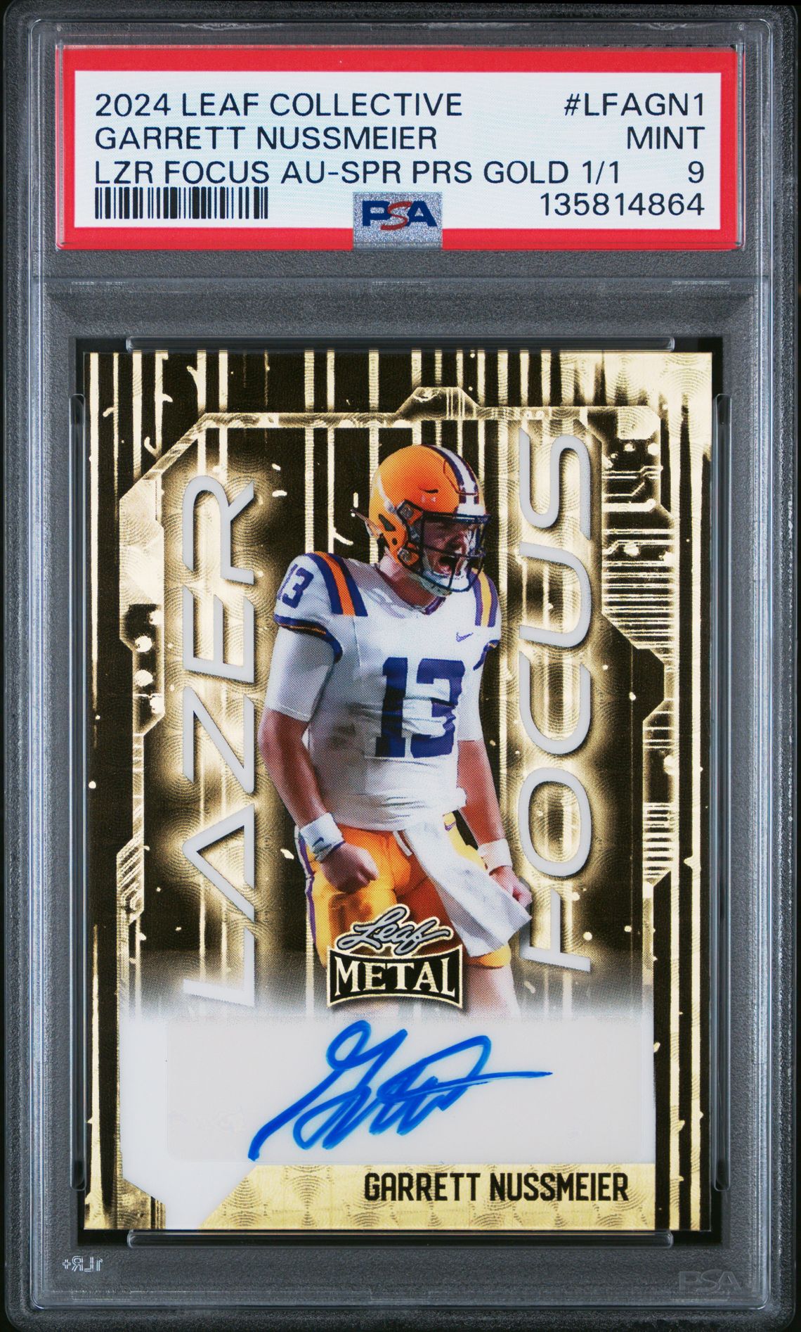 2024 Leaf LEAF METAL COLLECTIVE LAZER FOCUS AUTOGRAPHS LZR FOCUS AU-SPR PRS GOLD 1/1 #LFAGN1 Garrett Nussmeier front
