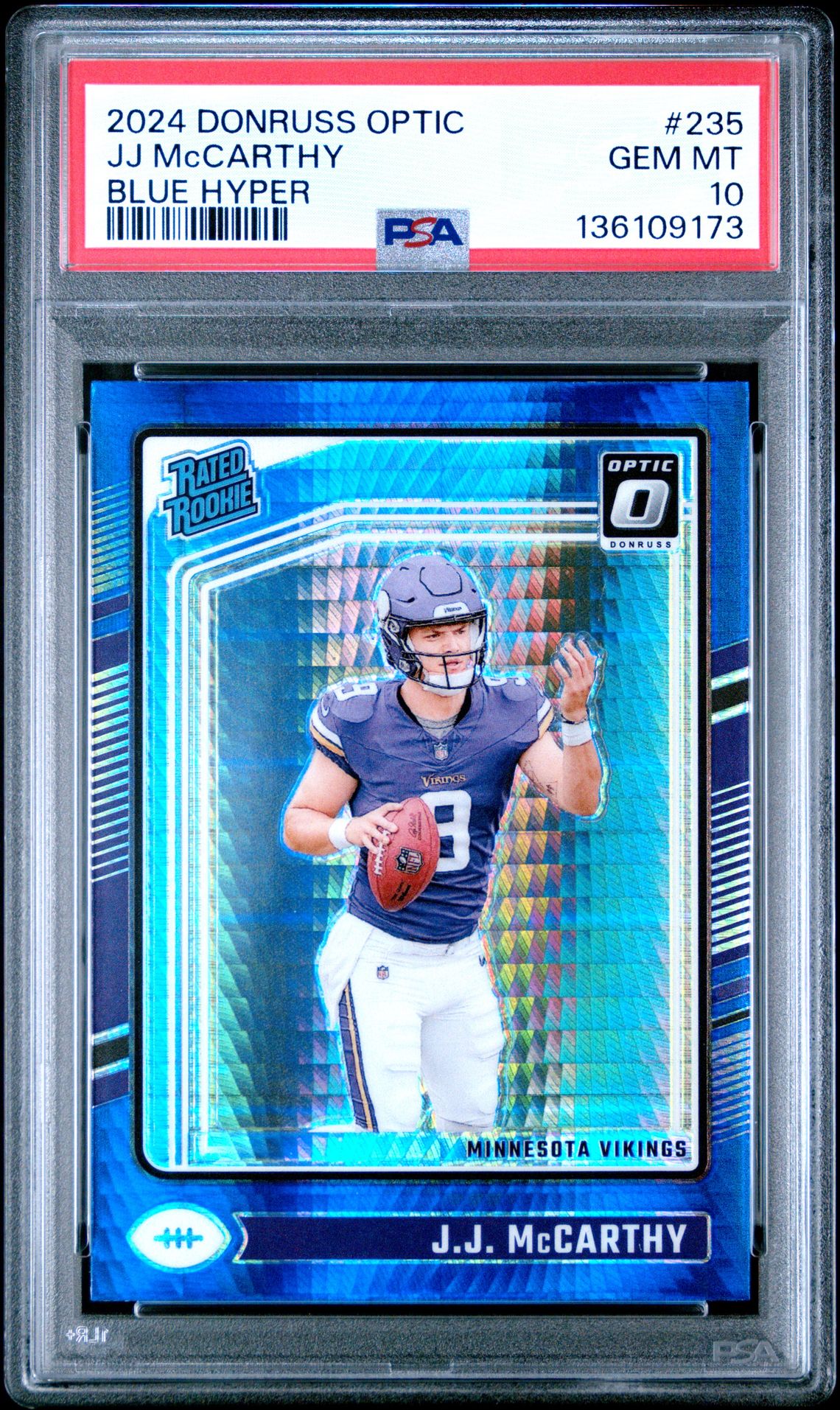 2024 PANINI DONRUSS OPTIC JJ McCARTHY BLUE HYPER 235 GEM MT 10 front