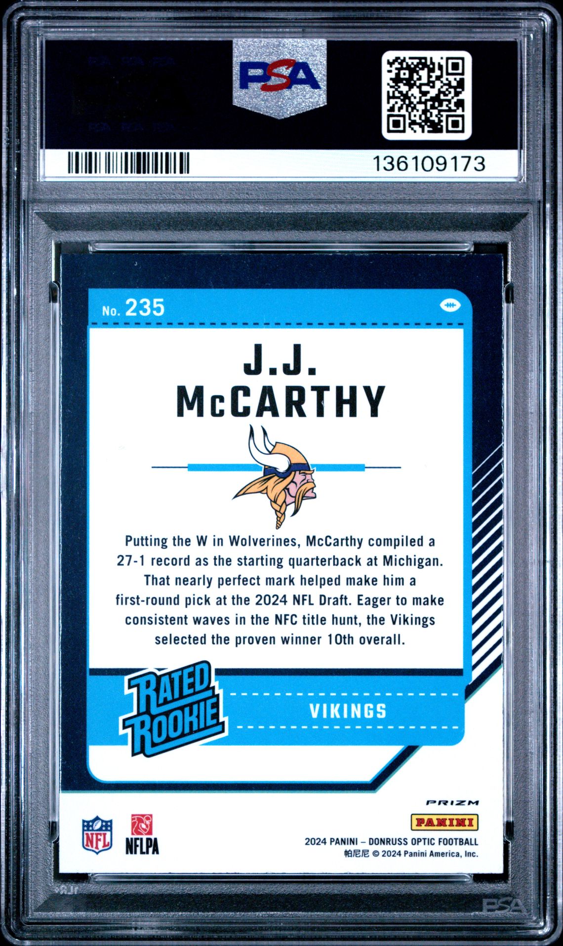 2024 PANINI DONRUSS OPTIC JJ McCARTHY BLUE HYPER 235 GEM MT 10 back