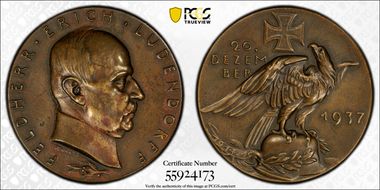 1937 Medal Kienast-544 AE 36mm General Erich Ludendorff AU58
