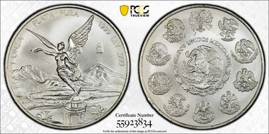 (2000)/1999-Mo Onza Libertad Ag Mule with 1999 Rev MS68
