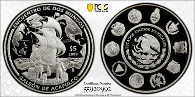 2003-Mo 5 Peso Galeon de Acapulco KM-678  Ag PR70DCAM