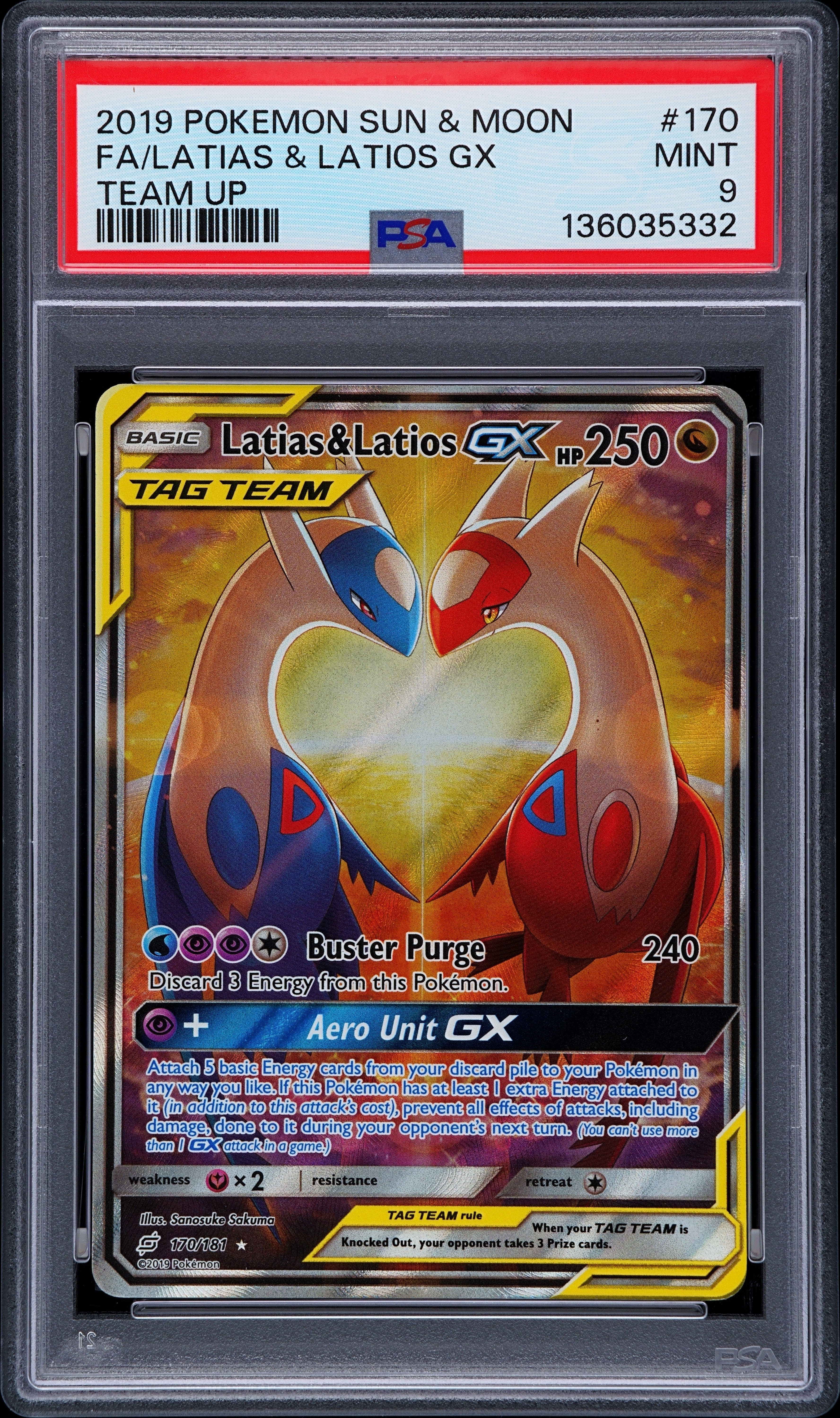 2019 POKEMON SUN & MOON TEAM UP #170 FULL ART/LATIAS & LATIOS GX PSA 9