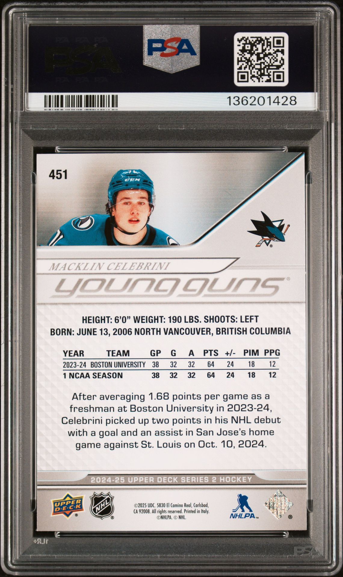 2024 Upper Deck Macklin Celebrini #451 Mint 9 back