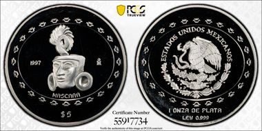 1997-Mo 5 Peso Mascara KM-620  Ag PR67DCAM