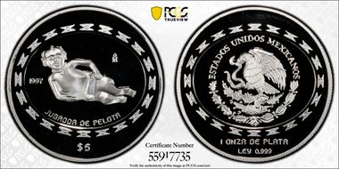 1997-Mo 5 Peso Jugador de Pelota KM-622  Ag PR68DCAM