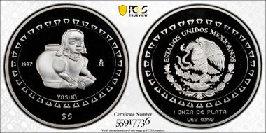 1997-Mo 5 Peso Vasija KM-621  Ag PR69DCAM