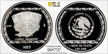 1993-Mo 5 Peso Carita Sonriente T-1 KM-584  Ag PR69DCAM