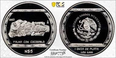 1993-Mo 5 Peso Palma con Cocodrilo KM-582  Ag PR69DCAM