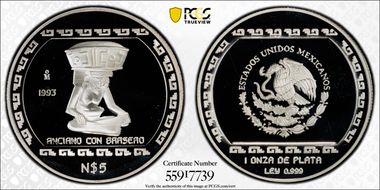 1993-Mo 5 Peso Anciano con brasero T-2 Mo Above Date PR68DCAM