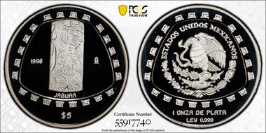 1998-Mo 5 Peso Jaguar KM-663  Ag PR68DCAM