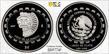 1997-Mo 5 Peso Disco de la Muerte KM-619  Ag PR69DCAM