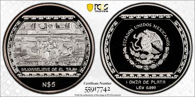 1993-Mo 5 Peso Bajorrelieve Del Tajin KM-569  Ag PR69DCAM
