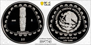 1998-Mo 5 Peso Sacerdote KM-664  Ag PR69DCAM