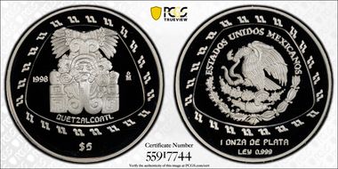 1998-Mo 5 Peso Quetzalcoatl KM-665  Ag PR68DCAM