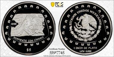 1998-Mo 5 Peso Serpiente con Craneo KM-666  Ag PR69DCAM