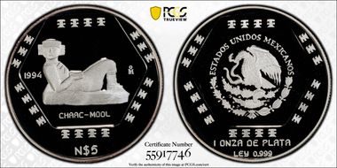 1994-Mo 5 Peso Chaac-Mool KM-574  Ag PR69DCAM