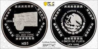 1994-Mo 5 Peso Mascaron del Dios Chaac KM-577  Ag PR69DCAM
